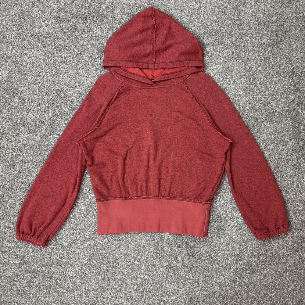 Free People Hoodie Womens M Red Terry V Neck Raglan Cropped Pullover Boho Knit